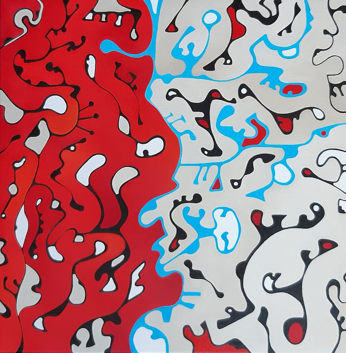 Questo quadro astratto è nato dal piacere di tracciare e colorare i miei segni fantastici. In questo lavoro come in tutti i miei quadri penso ci sia molto suono, musica. Il movimento del segno è certamente fluido, musicale. Massimo Rubbi