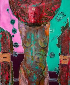 Dante G acrilici, foglia d'oro, gessetti, pennarelli e sculture di gesso ceramico su stoffa con supporto in tamburato figura femminile