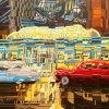 Auto americane vintage anni 50 e dinning car con frazionamento circolare e tecnica pittorica del cromatismo lineare Marco Sciame