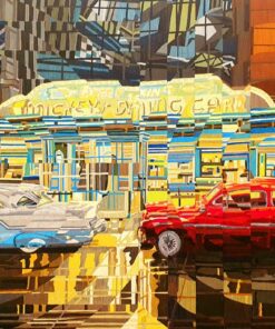 Auto americane vintage anni 50 e dinning car con frazionamento circolare e tecnica pittorica del cromatismo lineare Marco Sciame