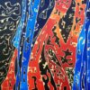 Massimo Rubbi a figura di una donna appena coperta da una vestaglia si nasconde, mimetizza in mezzo a segni ondulati, sensuali, musicali.