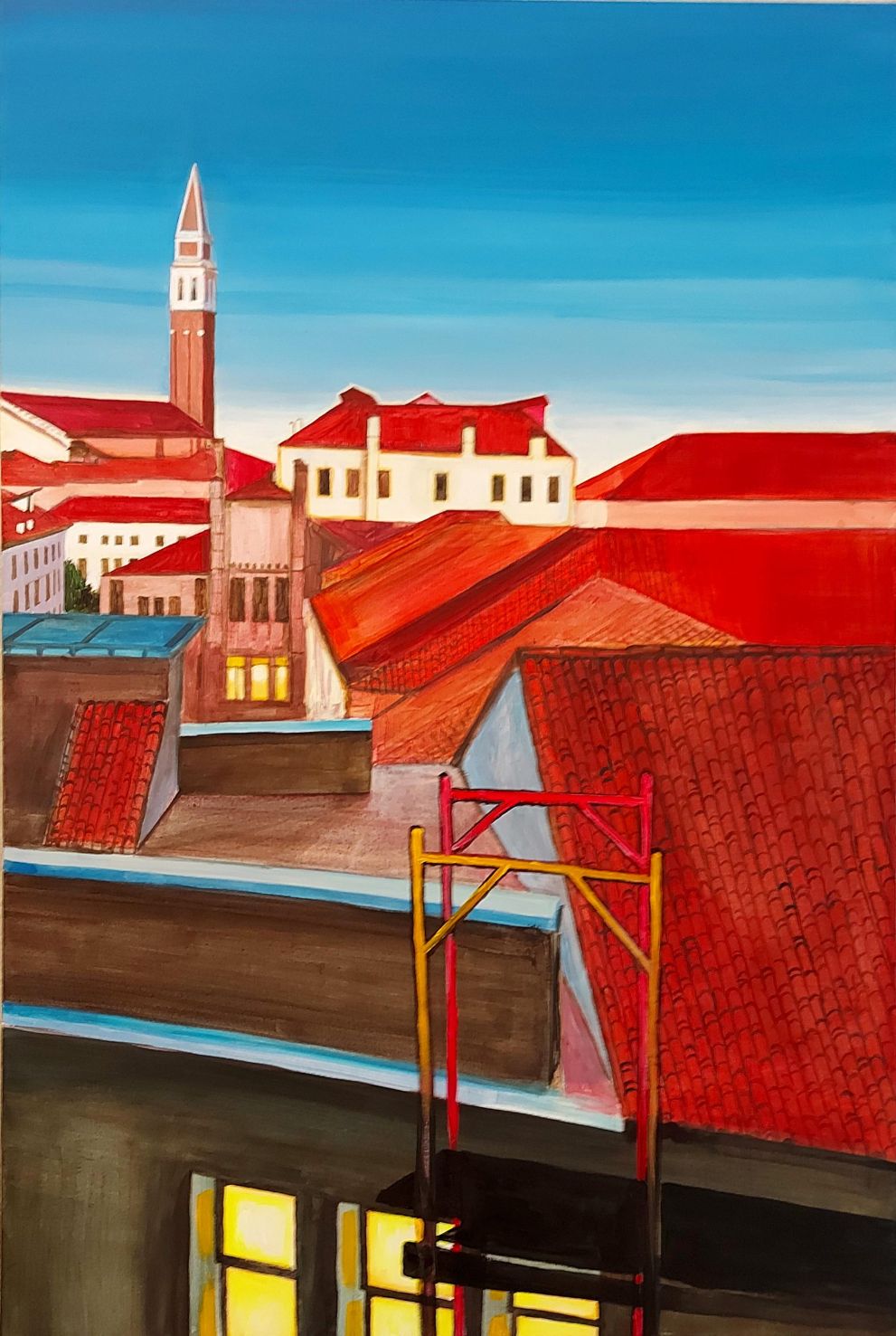 Venezia è la protagonista di questo quadro che è una veduta dei tetti dall'alto di un palazzo gotico sul canale dei Greci Marco Ronga