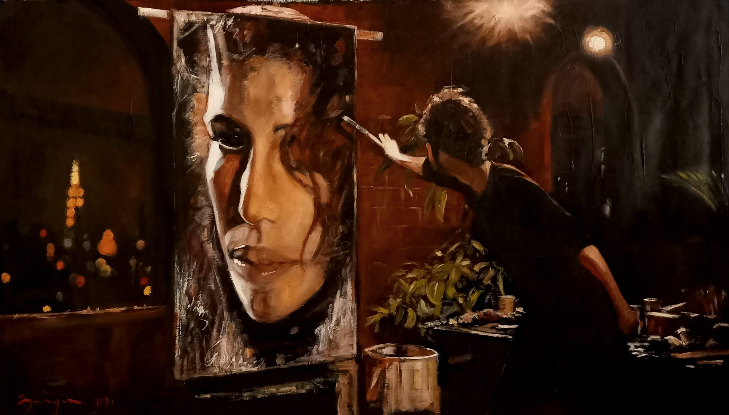 Emanuele Biagioni questa volta viene ritratto l'artista nel momento della relizzazione della sua opera, un quadro nel quadro