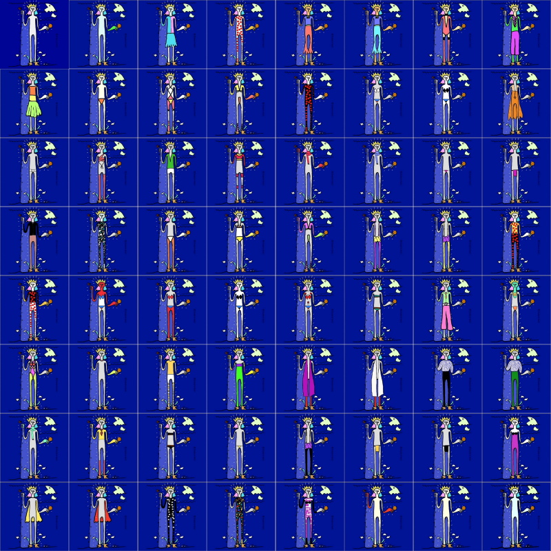 Elisabetta Randi Immagine di un piccolo uomo, vestito in maniera sempre diversa, che si ripete 64 volte