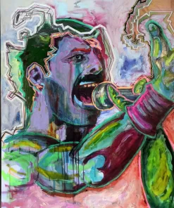 In questa fantastica opera realizzata con colori ad olio e colori Fluo acrilici esplode tutta la potenza di Freddie Mercury nel suo gesto più divino, ovvero quello di portare la bellezza delle sue canzoni al pubblico. Mauro Di Berardino