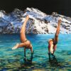 Sofia Fresia paesaggio surrealista con nuotatrici Questa tela nasce con l’intento di riflettere sugli sconvolgimenti legati al riscaldamento globale - l'aumento del livello degli oceani, lo scioglimento dei ghiacciai e la tropicalizzazione