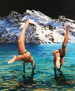 Sofia Fresia paesaggio surrealista con nuotatrici Questa tela nasce con l’intento di riflettere sugli sconvolgimenti legati al riscaldamento globale - l'aumento del livello degli oceani, lo scioglimento dei ghiacciai e la tropicalizzazione