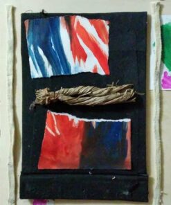 Maria Irene Vairo tecnica mista su compensato-carta,stoffa,metallo,lacci cotone, fibra di paglia/corda