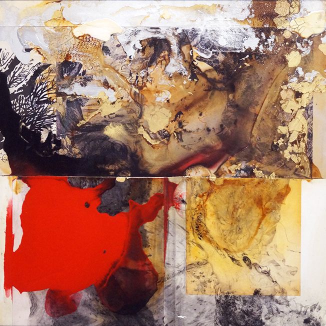 Desiduair. Olio, smalto, vernice oro, pigmenti in polvere su carta intelata. 67x67x2 cm