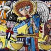Una tela grande con una scena imponente, drammatica e dinamica su un fondo aubergine scuro che rappresenta il giorno del giudizio Alessandro Siviglia